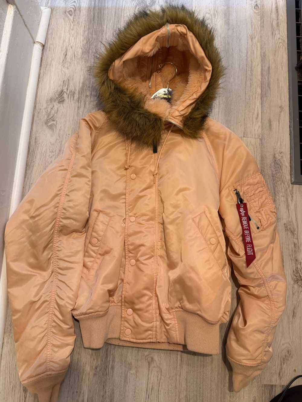 Alpha Industries Peach Bomber Jacket with Faux-Fur Hood - Picture 2 of 7